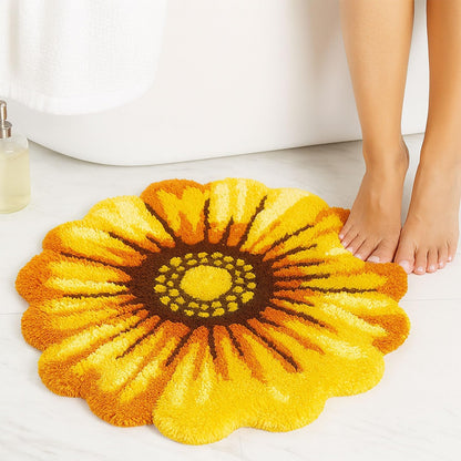Flowers Bath Rug, Yellow Non-Slip Mat for Bathroom | Sunflower Floral Absorbent Mats for Bedroom, Living Room and Laundry