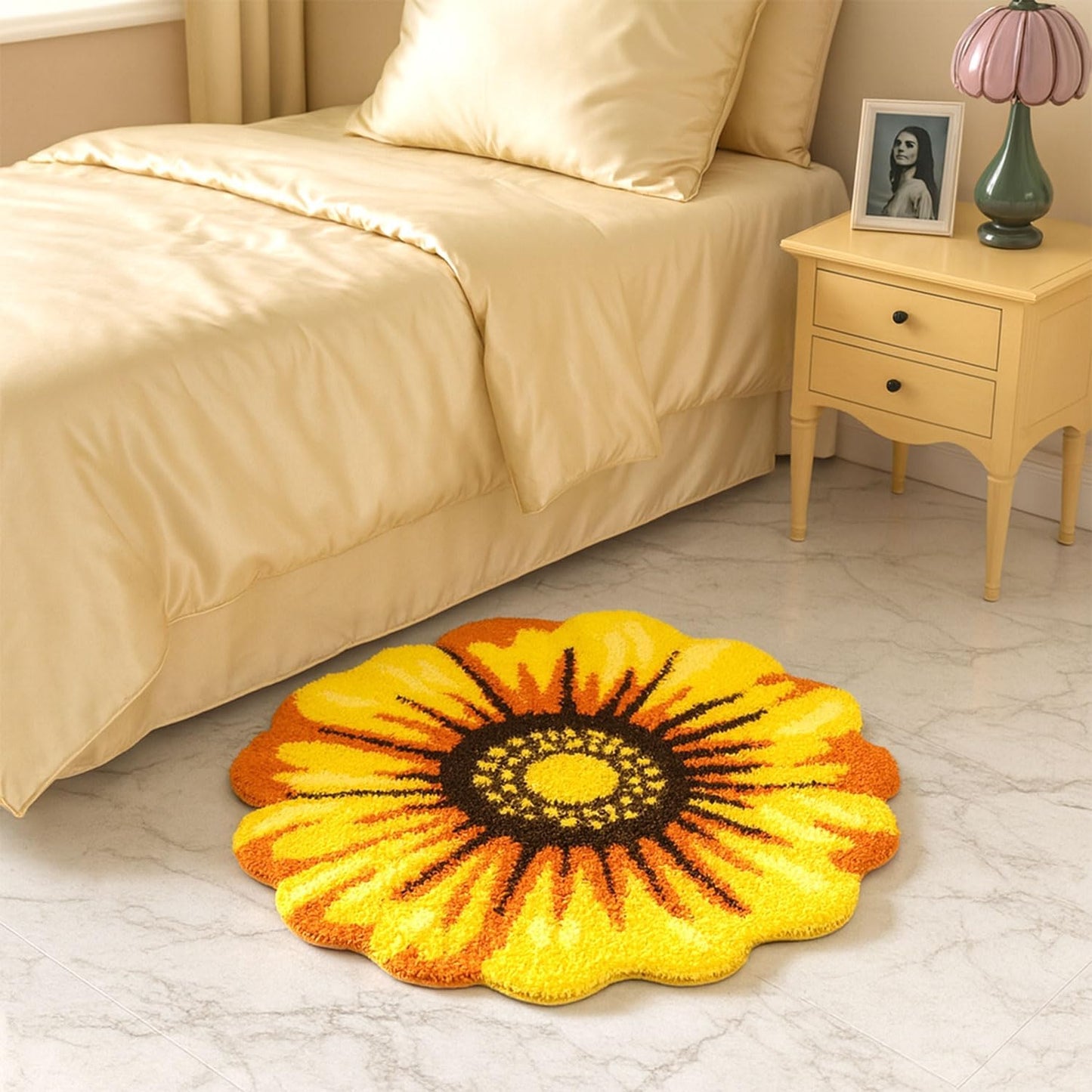 Flowers Bath Rug, Yellow Non-Slip Mat for Bathroom | Sunflower Floral Absorbent Mats for Bedroom, Living Room and Laundry