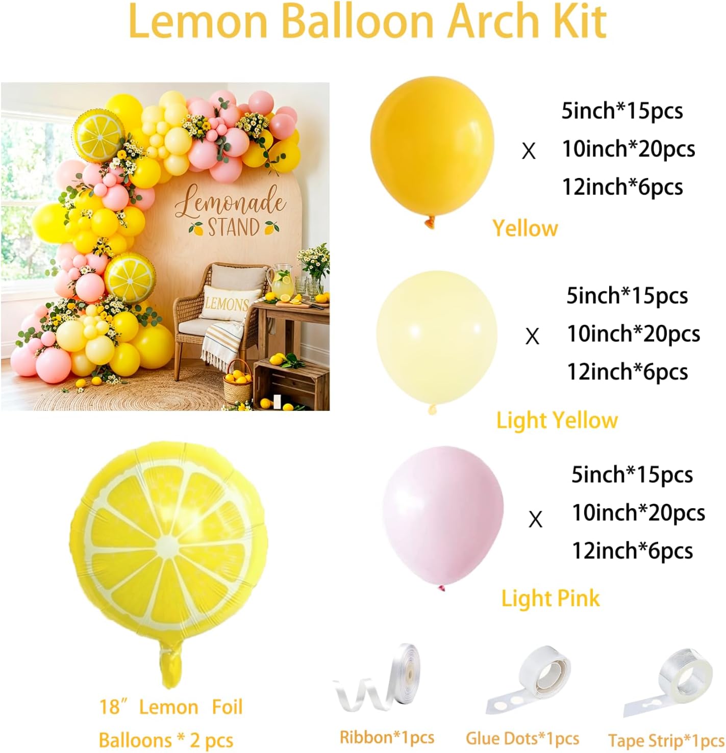 Lemo Party Decorations Balloon Arch Garland Kit with Lemon Foil Balloons,128 Pcs Pink and Yellow Balloons Arch Kit for Summer Lemonade Baby Shower Birthday Freshly Graduated Lemon Party Decor