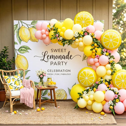 Lemo Party Decorations Balloon Arch Garland Kit with Lemon Foil Balloons,128 Pcs Pink and Yellow Balloons Arch Kit for Summer Lemonade Baby Shower Birthday Freshly Graduated Lemon Party Decor