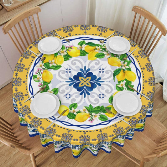 Lemon Table Cloths, Blue Tiles Summer Watercolor Fruit Floral Leaves Mediterranean Ceramic Seasonal Coffee Table Cover Decor for Kitchen Dining Room Outdoor Farmhouse Home Party, 36" Round