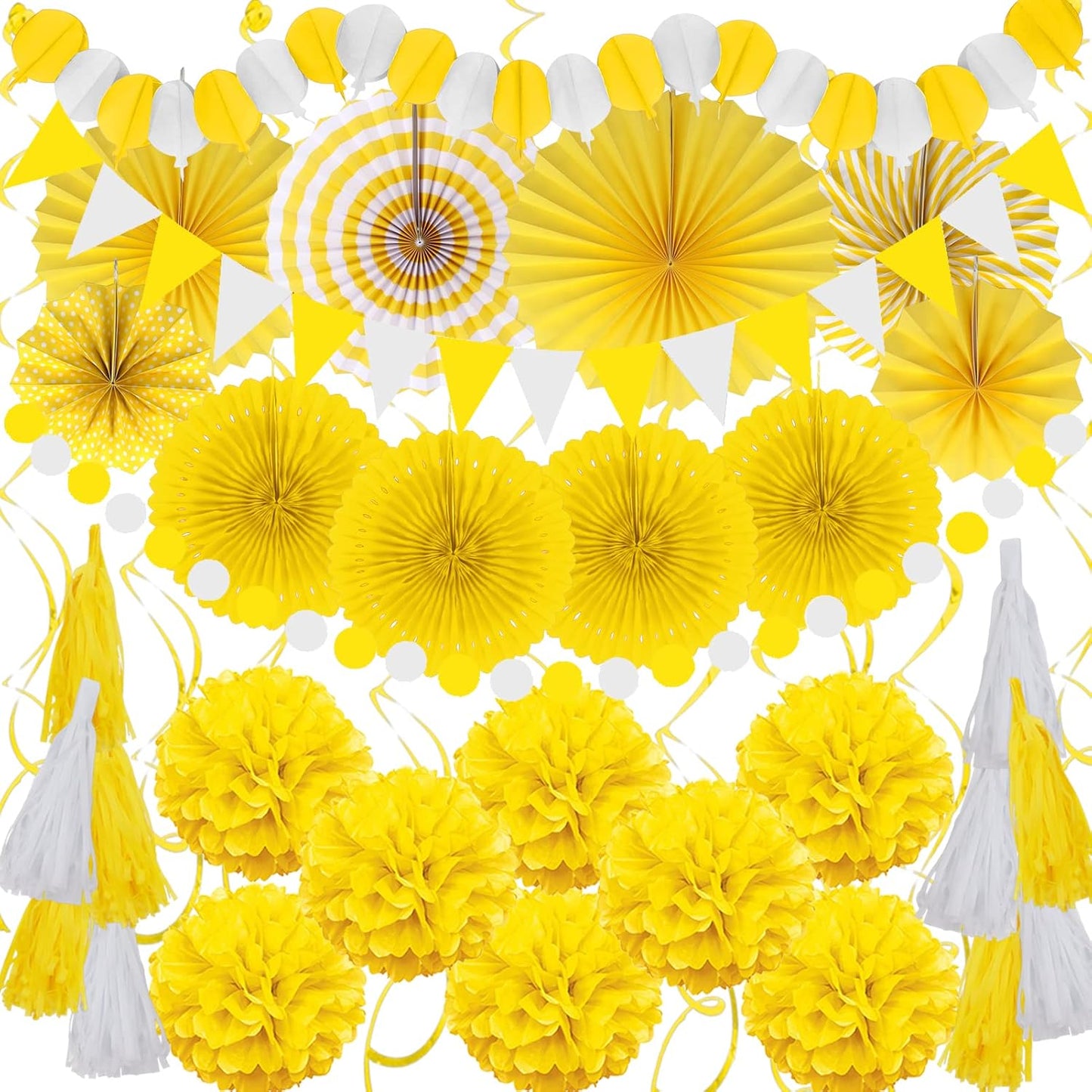 Party Decorations, 41 Pcs Yellow Papar Fans Pompoms Garlands String Tissue Paper Tassel for Graduation Congrats Grad New Years Spring Festival Wedding Birthday Party
