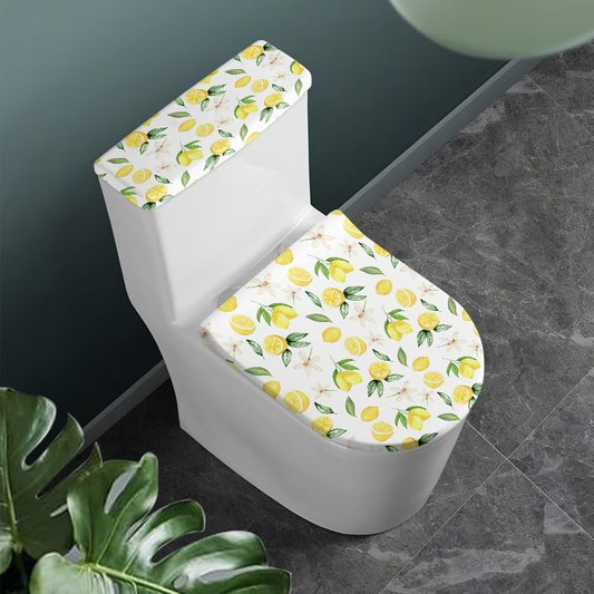 Lemon Flower Toilet Lid and Toilet Tank Cover for Bathroom，Lemon Toilet Cover Bathroom Decorative，Stain Resistant Toilet Seat Covers with Elastic Edge，Fit Most Toilet Lid