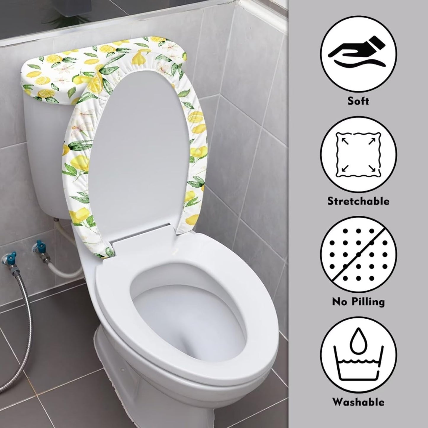 Lemon Flower Toilet Lid and Toilet Tank Cover for Bathroom，Lemon Toilet Cover Bathroom Decorative，Stain Resistant Toilet Seat Covers with Elastic Edge，Fit Most Toilet Lid
