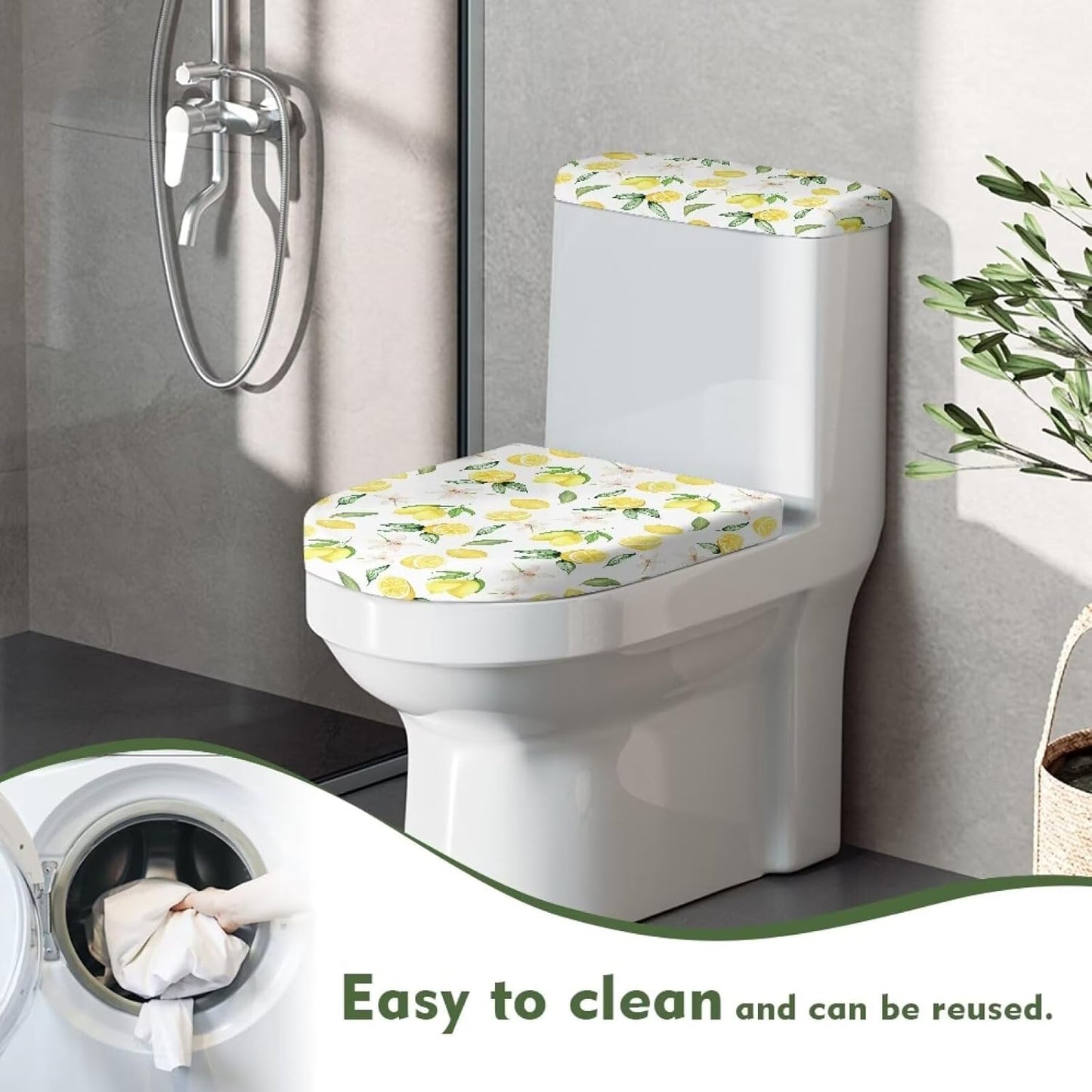 Lemon Flower Toilet Lid and Toilet Tank Cover for Bathroom，Lemon Toilet Cover Bathroom Decorative，Stain Resistant Toilet Seat Covers with Elastic Edge，Fit Most Toilet Lid