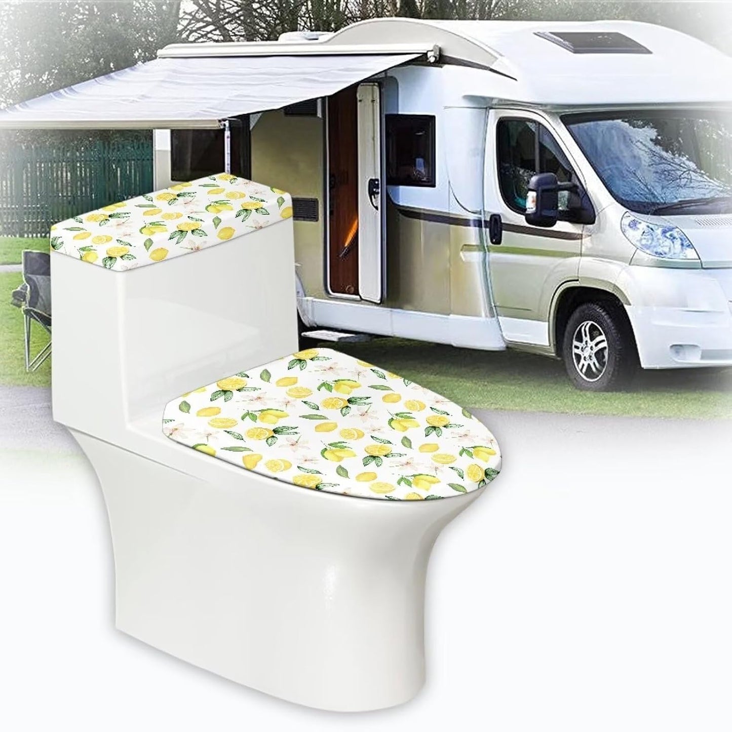 Lemon Flower Toilet Lid and Toilet Tank Cover for Bathroom，Lemon Toilet Cover Bathroom Decorative，Stain Resistant Toilet Seat Covers with Elastic Edge，Fit Most Toilet Lid