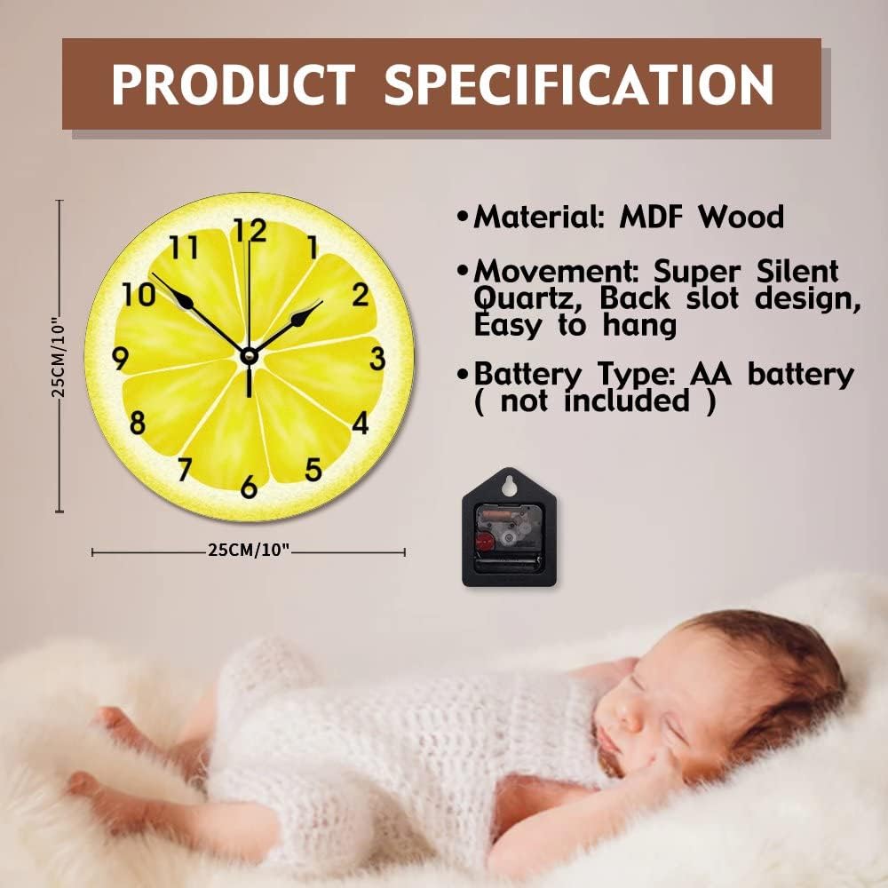 Yellow Lemon Wall Clock Citrus Fruit Wood Clock 10 Inch Silent Non-Ticking Wooden Wall Clocks Battery Operated Living Room Bedroom Kitchen Farmhouse Decor Christmas Birthday Gift
