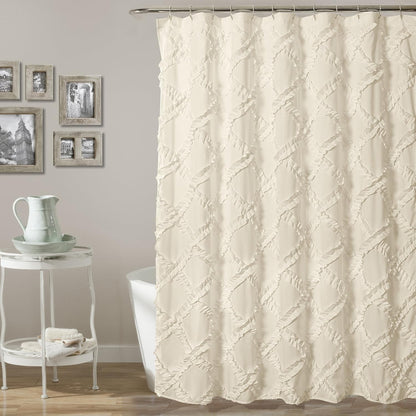 Ivory/Pale Yellow Ruffle Diamond Shower Curtain | Textured Shabby Chic Farmhouse Style Design, x 72, 72" x 72"