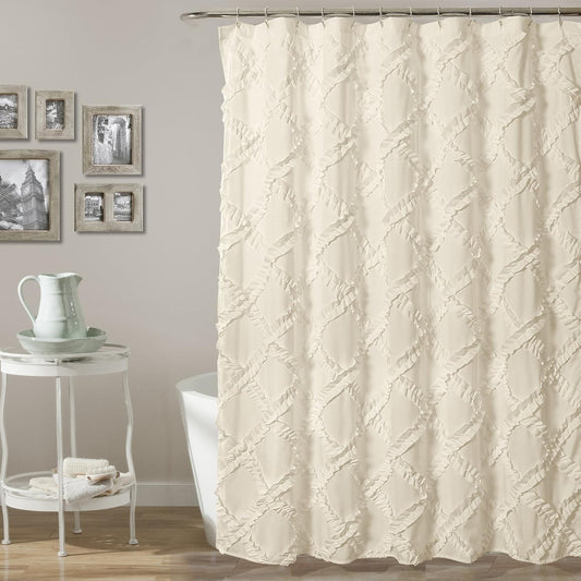 Ivory/Pale Yellow Ruffle Diamond Shower Curtain | Textured Shabby Chic Farmhouse Style Design, x 72, 72" x 72"