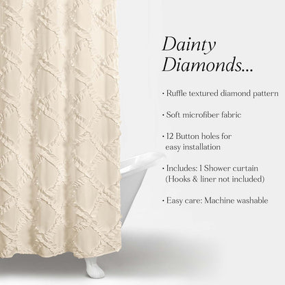 Ivory/Pale Yellow Ruffle Diamond Shower Curtain | Textured Shabby Chic Farmhouse Style Design, x 72, 72" x 72"