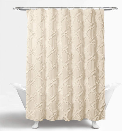 Ivory/Pale Yellow Ruffle Diamond Shower Curtain | Textured Shabby Chic Farmhouse Style Design, x 72, 72" x 72"