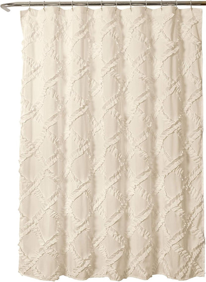 Ivory/Pale Yellow Ruffle Diamond Shower Curtain | Textured Shabby Chic Farmhouse Style Design, x 72, 72" x 72"