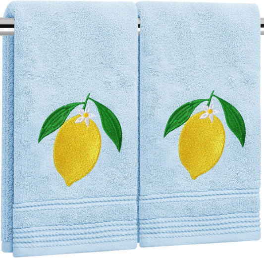 2Pcs Lemon Hand Towels Blue Cotton Embroidered Bathroom Towel Summer Lemon Floral Decorative Dish Towel for Home Bathroom Kitchen Decor, 13.4 x 29.1 Inch