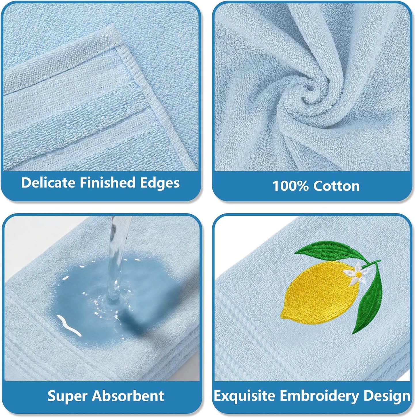 2Pcs Lemon Hand Towels Blue Cotton Embroidered Bathroom Towel Summer Lemon Floral Decorative Dish Towel for Home Bathroom Kitchen Decor, 13.4 x 29.1 Inch