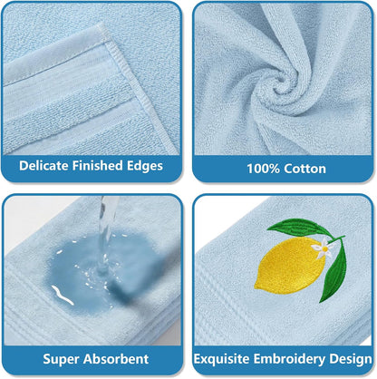 2Pcs Lemon Hand Towels Blue Cotton Embroidered Bathroom Towel Summer Lemon Floral Decorative Dish Towel for Home Bathroom Kitchen Decor, 13.4 x 29.1 Inch
