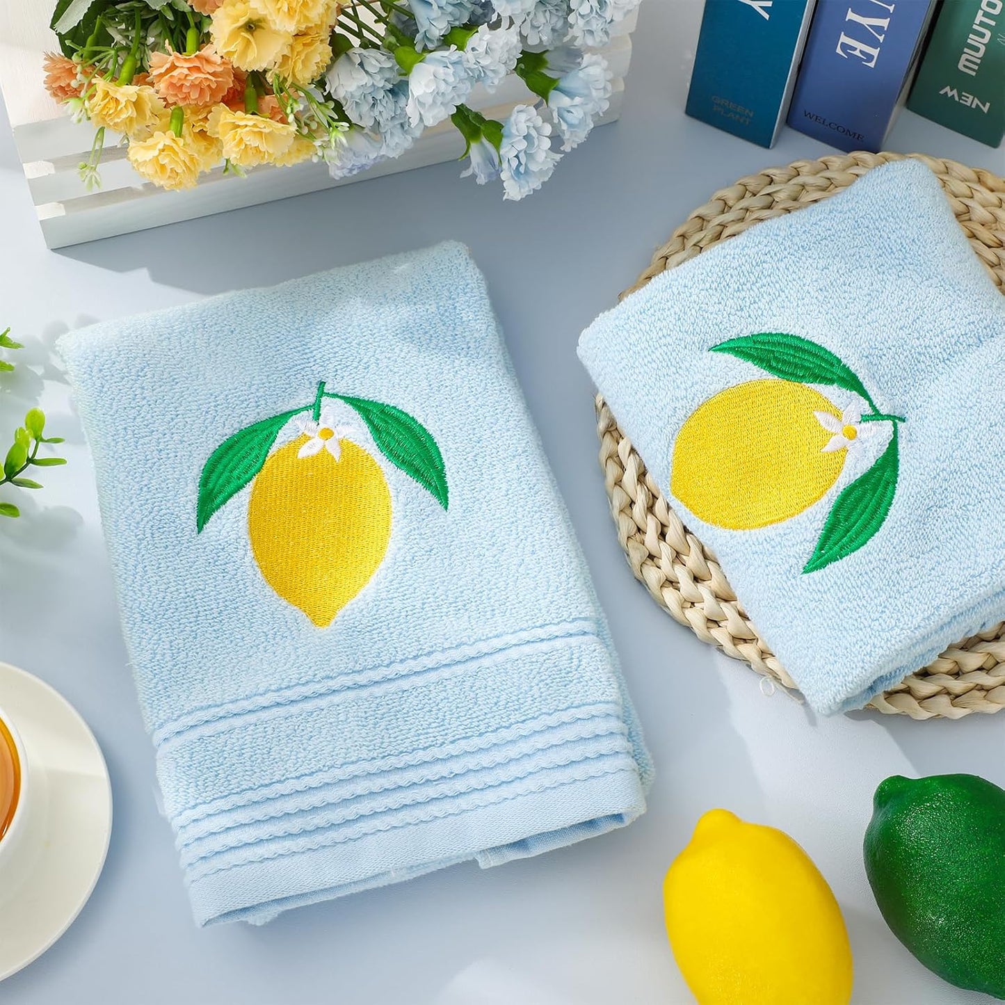 2Pcs Lemon Hand Towels Blue Cotton Embroidered Bathroom Towel Summer Lemon Floral Decorative Dish Towel for Home Bathroom Kitchen Decor, 13.4 x 29.1 Inch