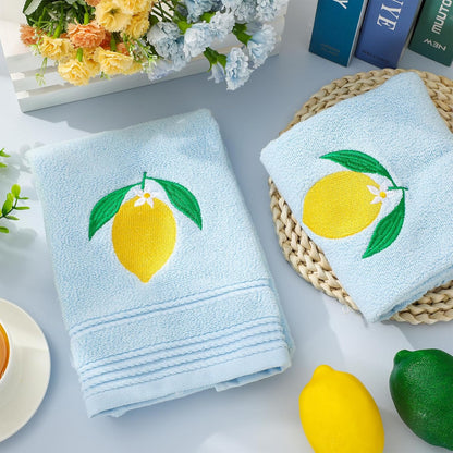 2Pcs Lemon Hand Towels Blue Cotton Embroidered Bathroom Towel Summer Lemon Floral Decorative Dish Towel for Home Bathroom Kitchen Decor, 13.4 x 29.1 Inch