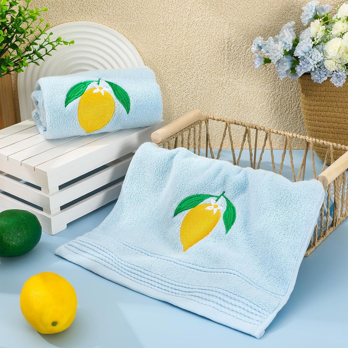 2Pcs Lemon Hand Towels Blue Cotton Embroidered Bathroom Towel Summer Lemon Floral Decorative Dish Towel for Home Bathroom Kitchen Decor, 13.4 x 29.1 Inch