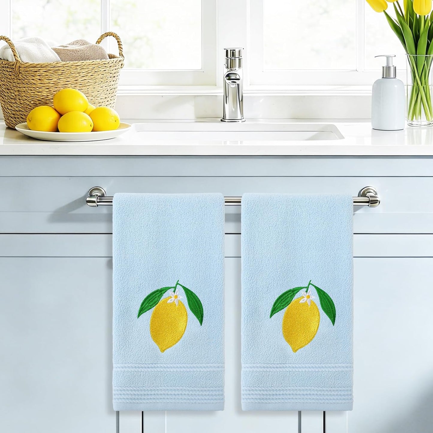 2Pcs Lemon Hand Towels Blue Cotton Embroidered Bathroom Towel Summer Lemon Floral Decorative Dish Towel for Home Bathroom Kitchen Decor, 13.4 x 29.1 Inch