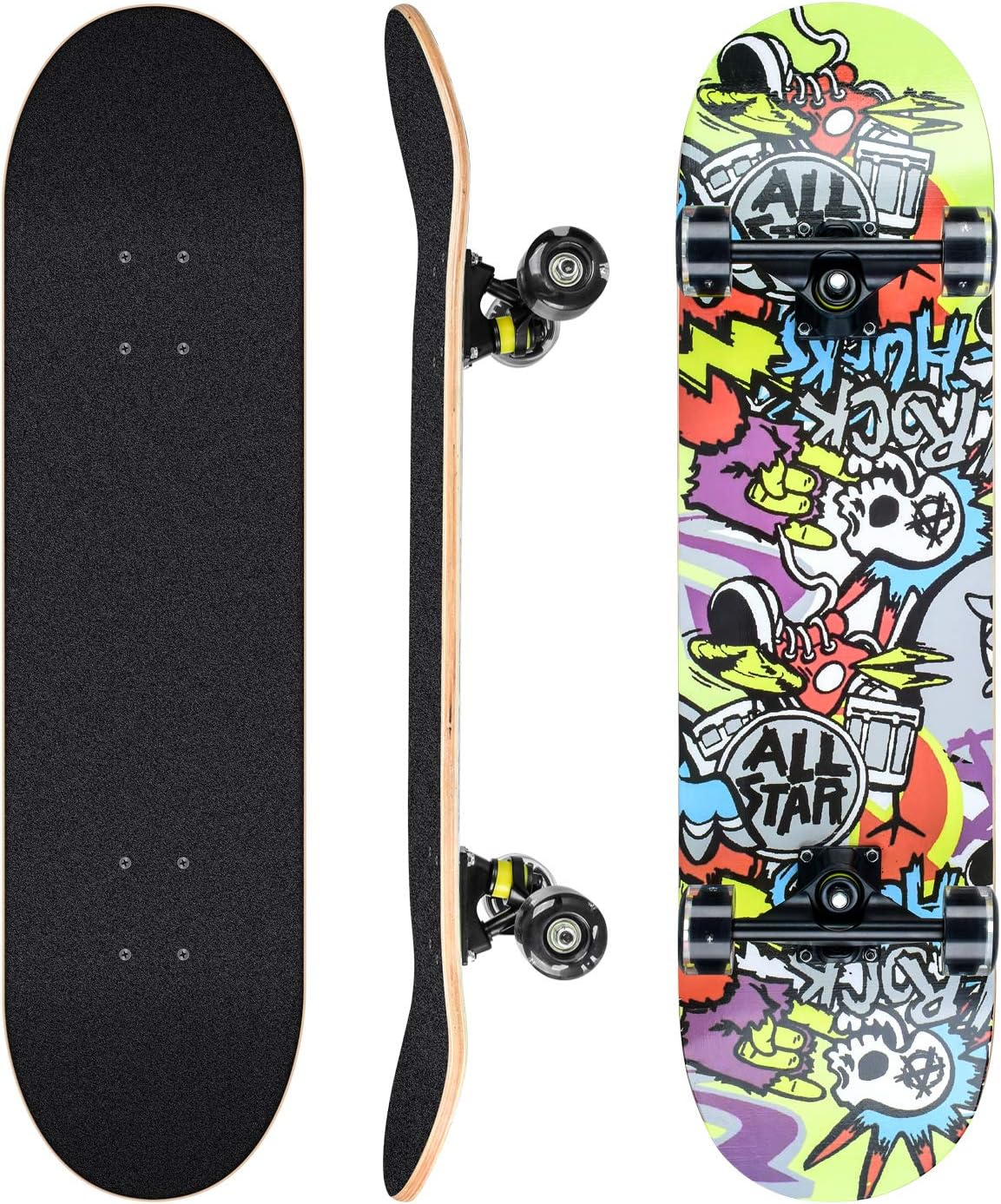 Skateboards for Beginners, 31 x 8 inch Complete Skateboard for Kids Teens Adults, 8 Layer Maple Double Kick Deck Concave Cruiser Trick Skateboard with Multifunction Skate