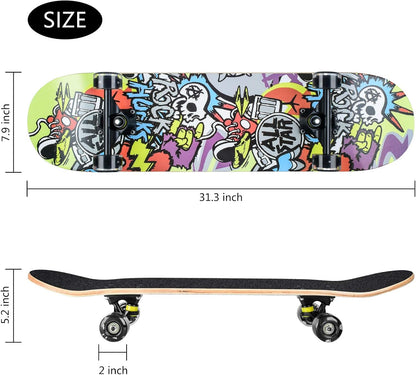Skateboards for Beginners, 31 x 8 inch Complete Skateboard for Kids Teens Adults, 8 Layer Maple Double Kick Deck Concave Cruiser Trick Skateboard with Multifunction Skate