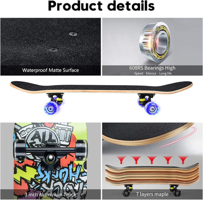 Skateboards for Beginners, 31 x 8 inch Complete Skateboard for Kids Teens Adults, 8 Layer Maple Double Kick Deck Concave Cruiser Trick Skateboard with Multifunction Skate