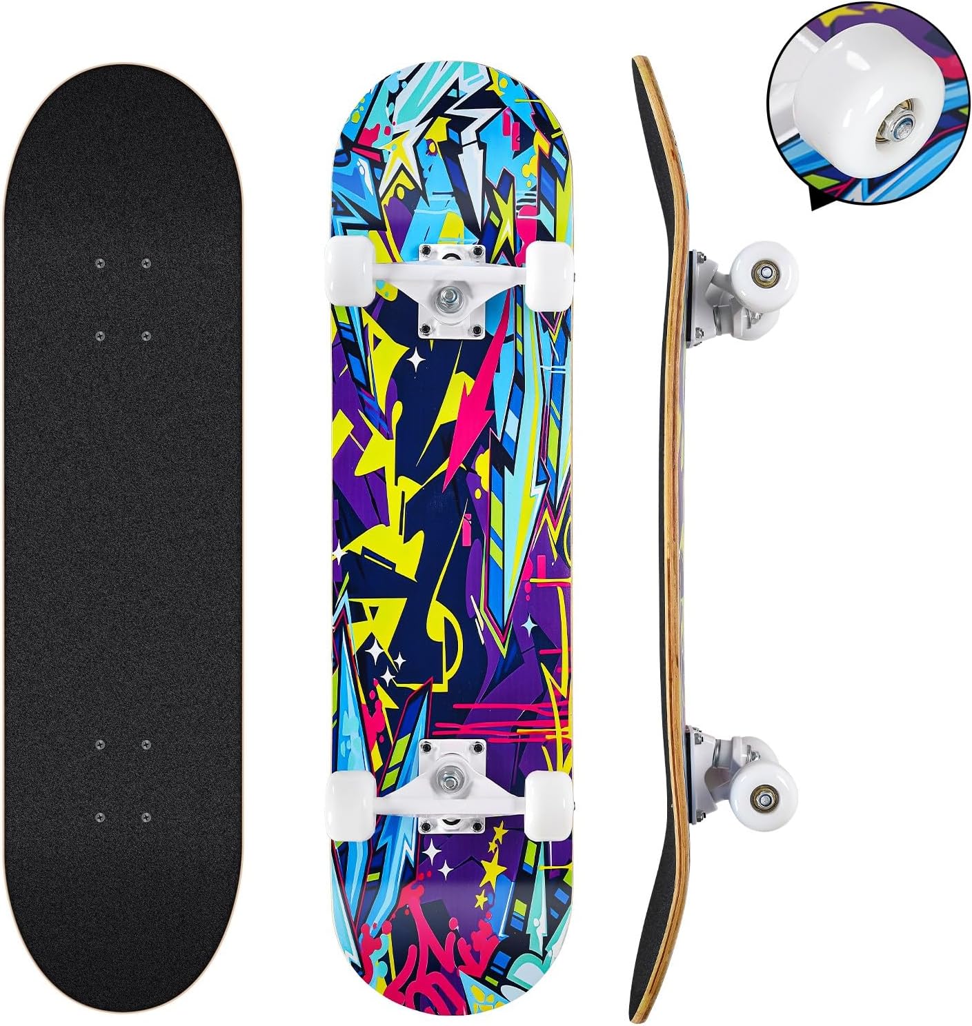 Skateboards for Beginners, 31 x 8 inch Complete Skateboard for Kids Teens Adults, 8 Layer Maple Double Kick Deck Concave Cruiser Trick Skateboard with Multifunction Skate