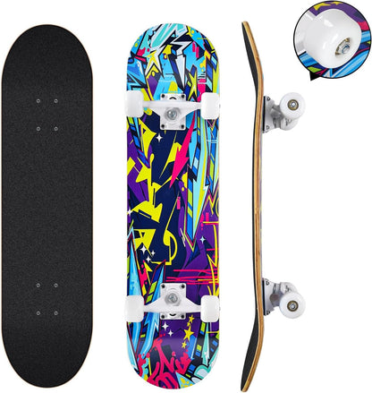 Skateboards for Beginners, 31 x 8 inch Complete Skateboard for Kids Teens Adults, 8 Layer Maple Double Kick Deck Concave Cruiser Trick Skateboard with Multifunction Skate