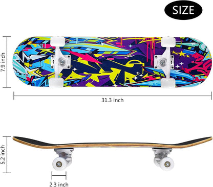 Skateboards for Beginners, 31 x 8 inch Complete Skateboard for Kids Teens Adults, 8 Layer Maple Double Kick Deck Concave Cruiser Trick Skateboard with Multifunction Skate