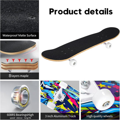 Skateboards for Beginners, 31 x 8 inch Complete Skateboard for Kids Teens Adults, 8 Layer Maple Double Kick Deck Concave Cruiser Trick Skateboard with Multifunction Skate