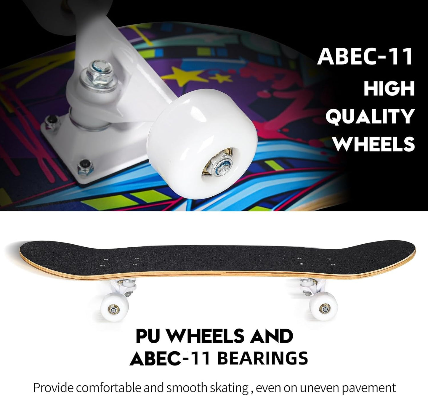 Skateboards for Beginners, 31 x 8 inch Complete Skateboard for Kids Teens Adults, 8 Layer Maple Double Kick Deck Concave Cruiser Trick Skateboard with Multifunction Skate