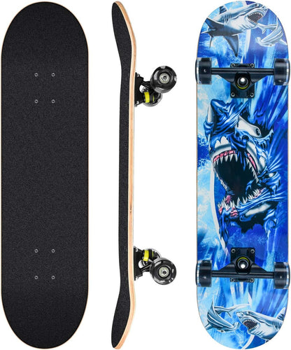 Skateboards for Beginners, 31 x 8 inch Complete Skateboard for Kids Teens Adults, 8 Layer Maple Double Kick Deck Concave Cruiser Trick Skateboard with Multifunction Skate