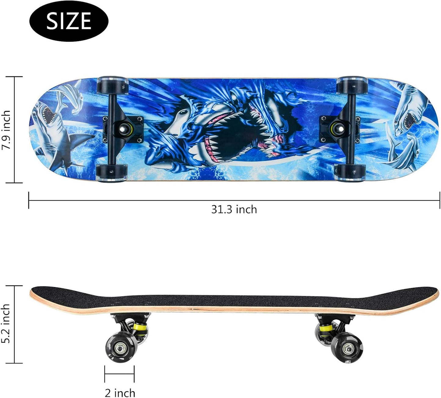 Skateboards for Beginners, 31 x 8 inch Complete Skateboard for Kids Teens Adults, 8 Layer Maple Double Kick Deck Concave Cruiser Trick Skateboard with Multifunction Skate
