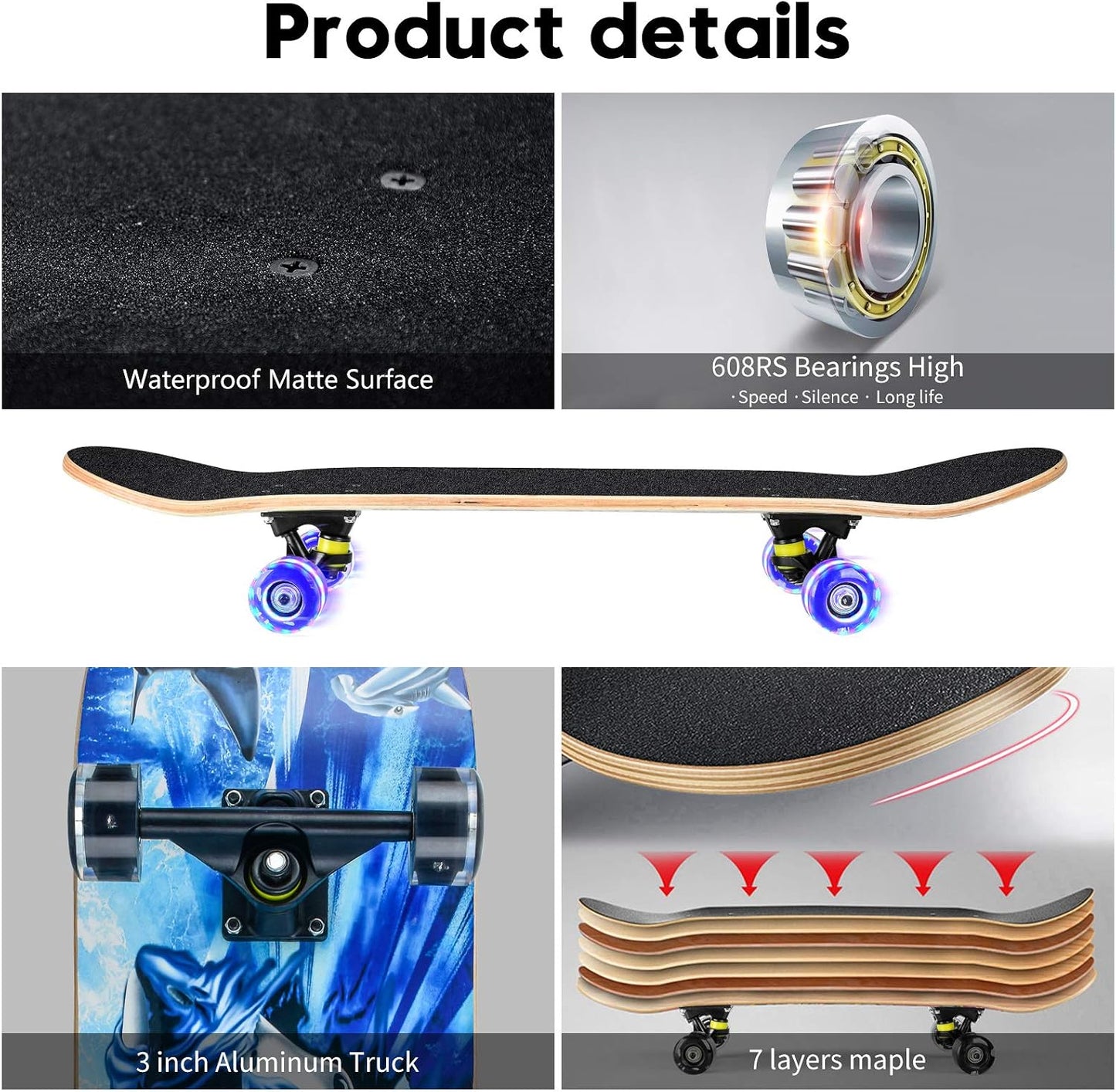 Skateboards for Beginners, 31 x 8 inch Complete Skateboard for Kids Teens Adults, 8 Layer Maple Double Kick Deck Concave Cruiser Trick Skateboard with Multifunction Skate