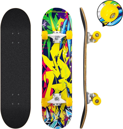 Skateboards for Beginners, 31 x 8 inch Complete Skateboard for Kids Teens Adults, 8 Layer Maple Double Kick Deck Concave Cruiser Trick Skateboard with Multifunction Skate