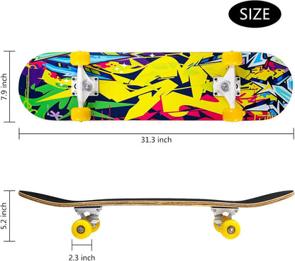 Skateboards for Beginners, 31 x 8 inch Complete Skateboard for Kids Teens Adults, 8 Layer Maple Double Kick Deck Concave Cruiser Trick Skateboard with Multifunction Skate