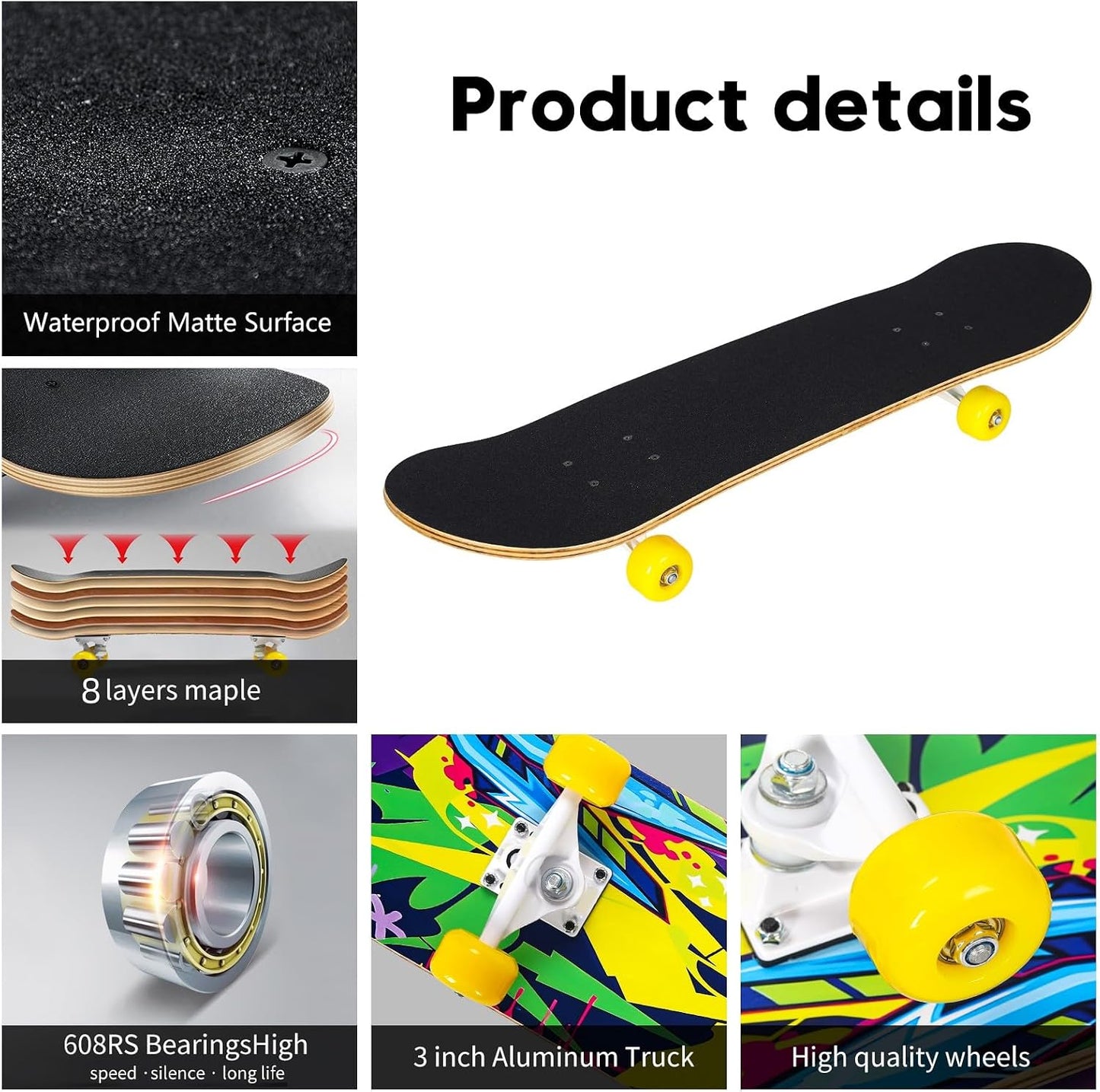 Skateboards for Beginners, 31 x 8 inch Complete Skateboard for Kids Teens Adults, 8 Layer Maple Double Kick Deck Concave Cruiser Trick Skateboard with Multifunction Skate