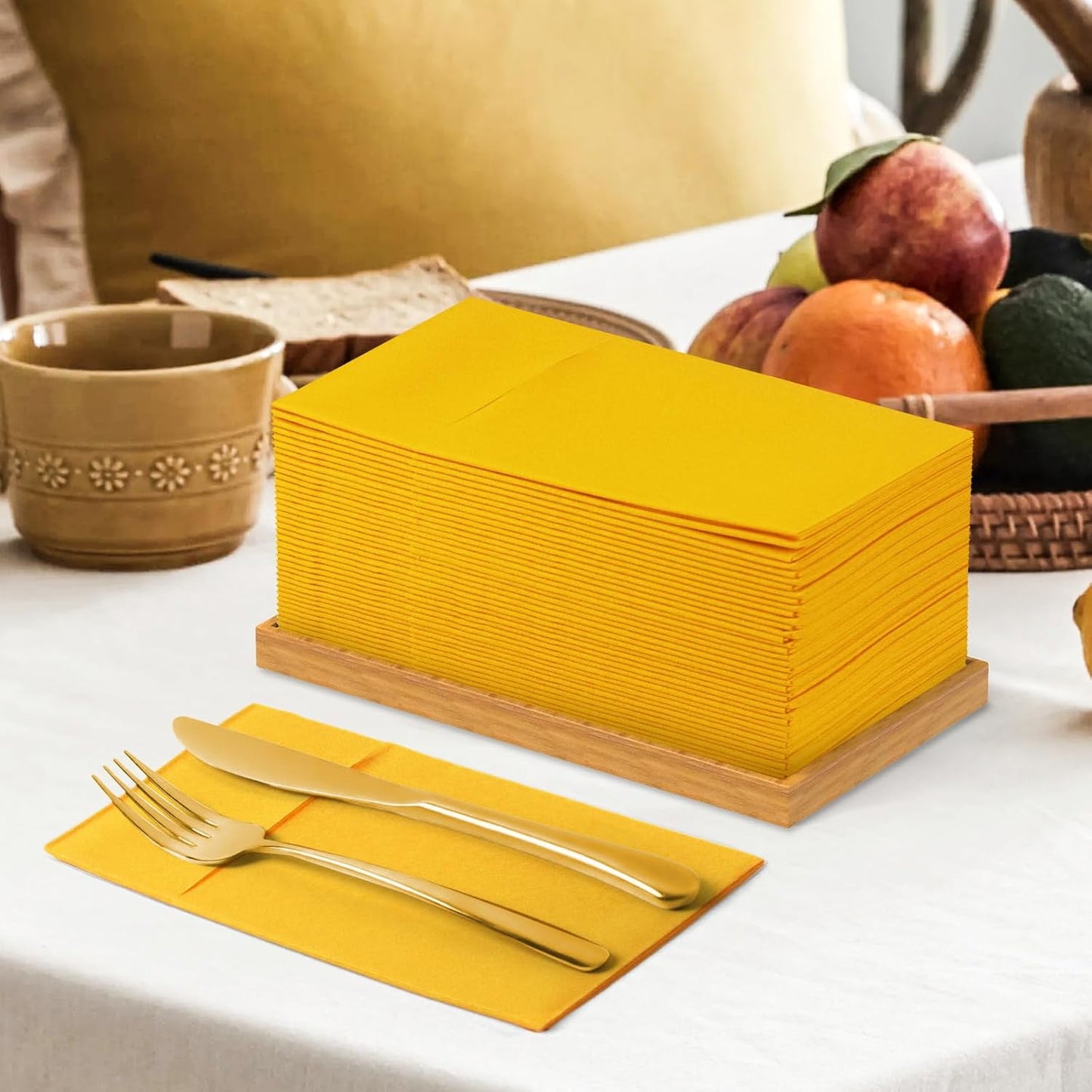 Dinner Napkins Disposable Cloth Like Paper Napkins with Pocket 100 Pack Orange-Yellow Wedding Napkins Reception Guest Hand Towels for Party, Decorative, Bathroom, Restaurant (16.5 x 16.5 inch)