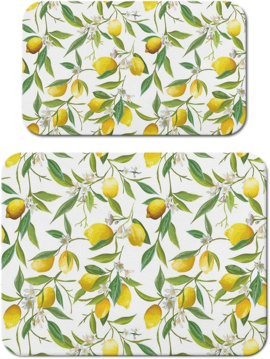 Dish Drying Mat 2-Pack with Lemon for Kitchen Counter Absorbent Dishes Mat | Diatom Mud Mats (18x24, 19.5x12"). Non-slip rubber back for kitchen counter, coffee bar & sink scenes