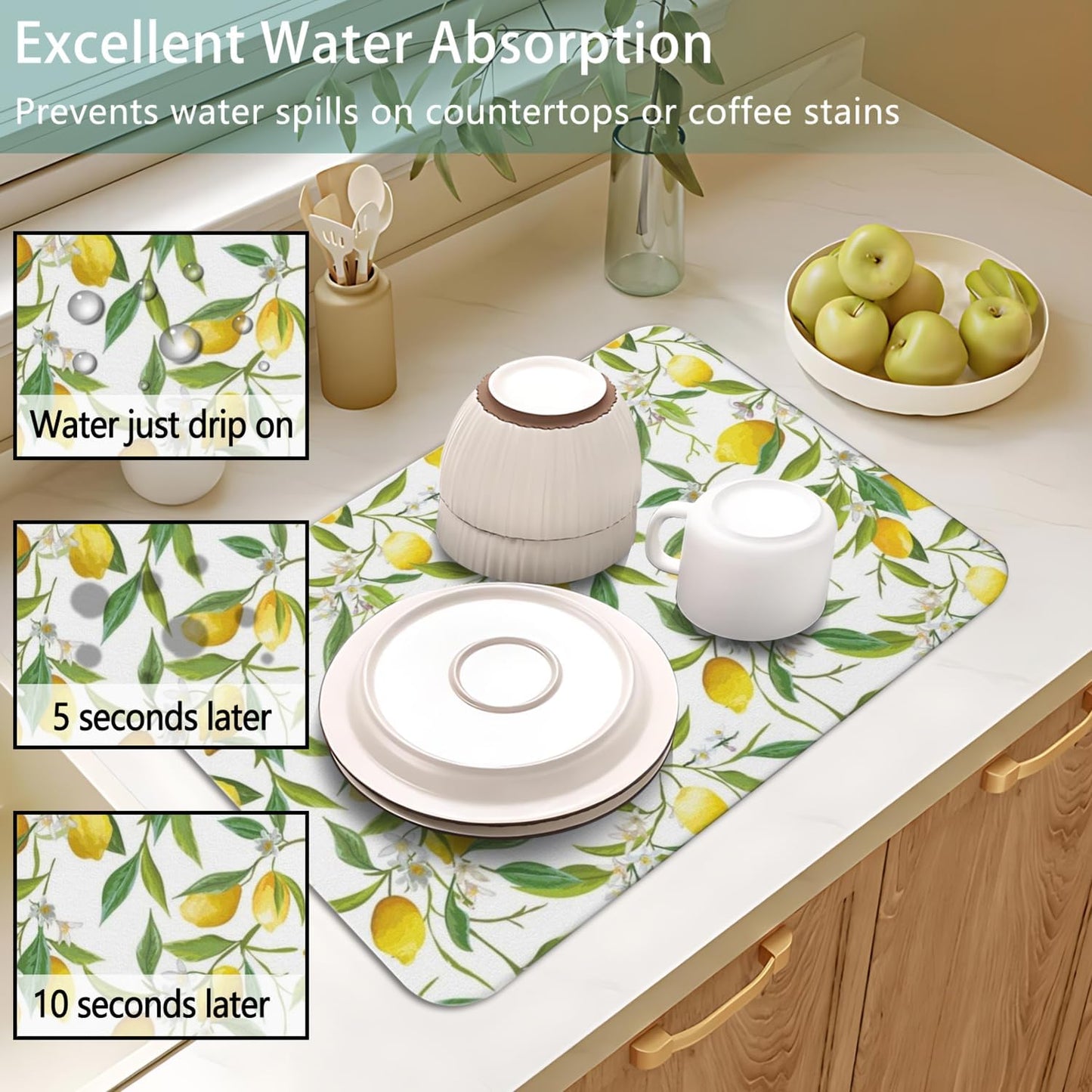 Dish Drying Mat 2-Pack with Lemon for Kitchen Counter Absorbent Dishes Mat | Diatom Mud Mats (18x24, 19.5x12"). Non-slip rubber back for kitchen counter, coffee bar & sink scenes