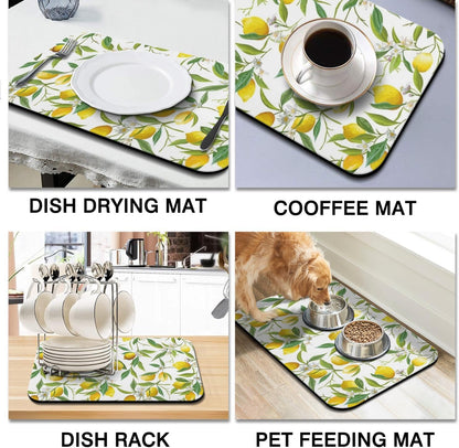 Dish Drying Mat 2-Pack with Lemon for Kitchen Counter Absorbent Dishes Mat | Diatom Mud Mats (18x24, 19.5x12"). Non-slip rubber back for kitchen counter, coffee bar & sink scenes