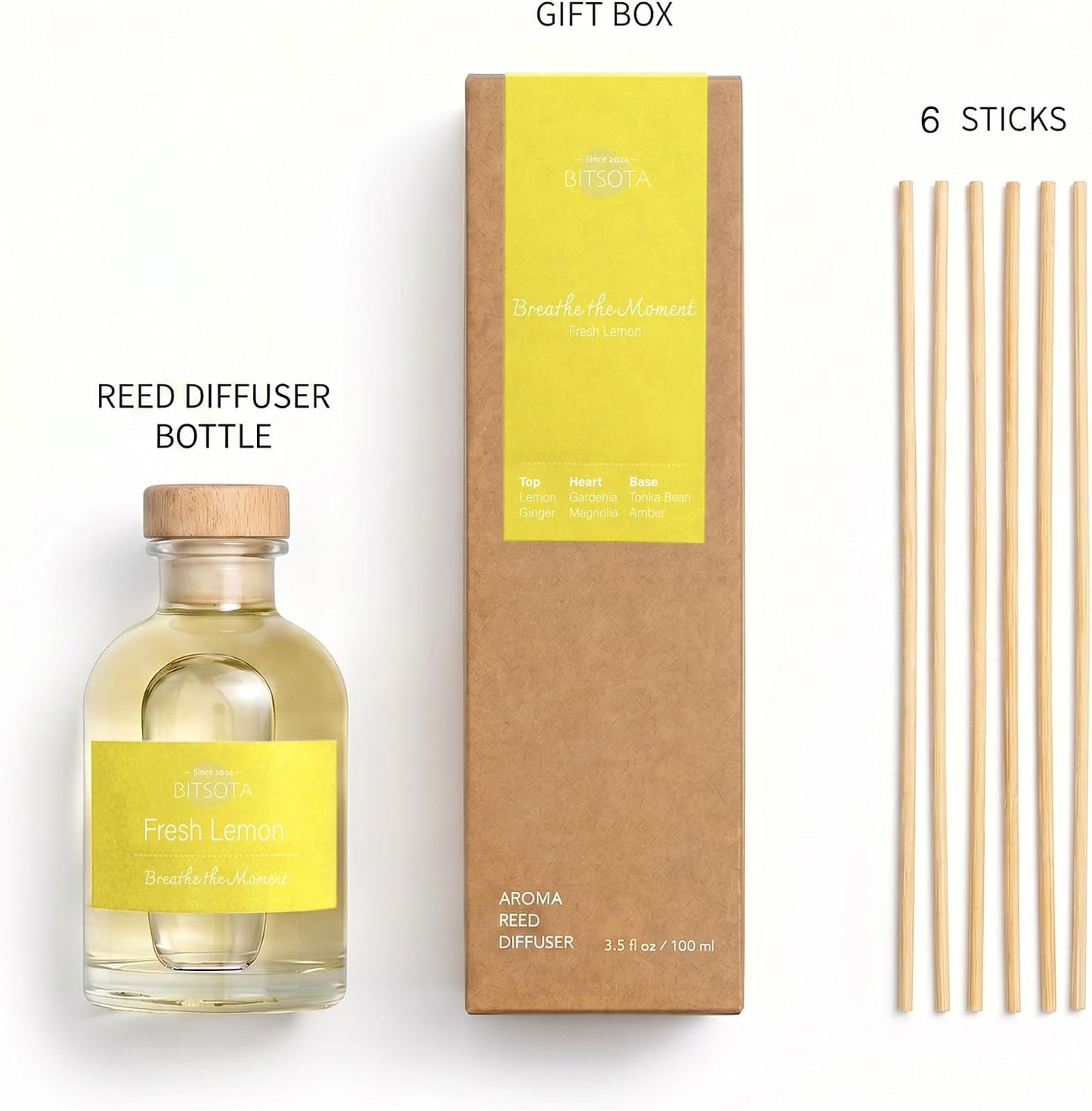 Natural Reed Diffuser Set, Fresh Lemon 3.52 oz (100ml) Scented Diffuser with Sticks Home Fragrance Reed Diffuser for Bathroom Shelf Decor, Ideal Gift for Woman