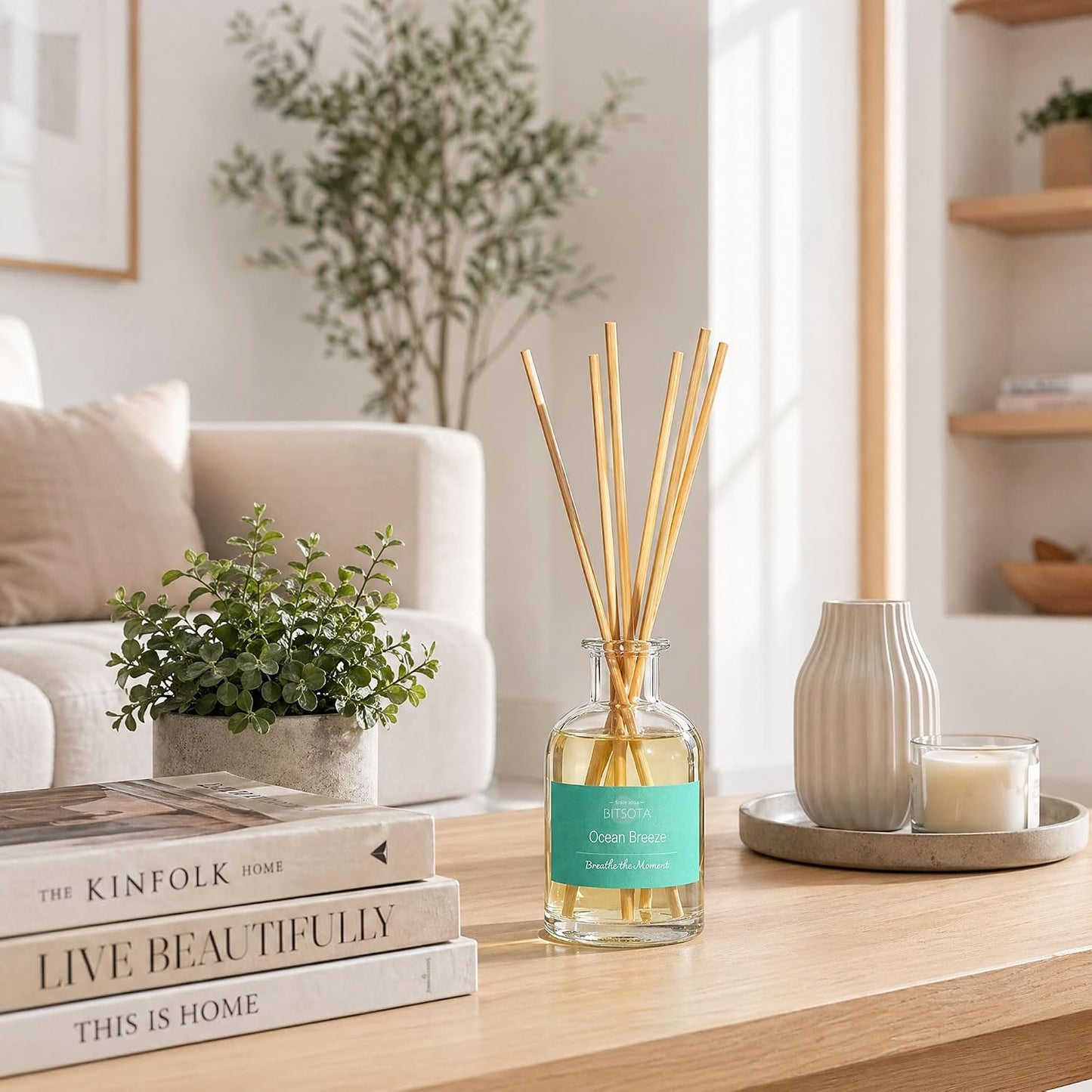 Natural Reed Diffuser Set, Fresh Lemon 3.52 oz (100ml) Scented Diffuser with Sticks Home Fragrance Reed Diffuser for Bathroom Shelf Decor, Ideal Gift for Woman