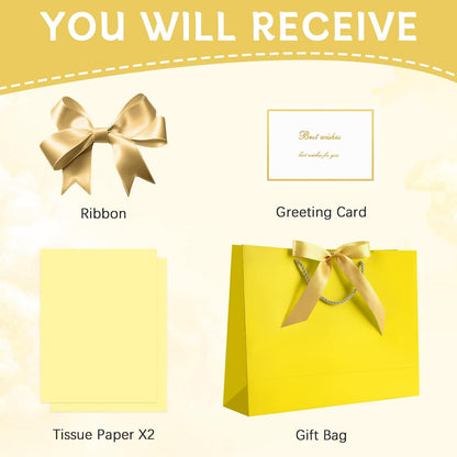 Gift Bags with Handles, 12.6" Medium Gift Bag with 2 Tissue Paper and 1 Card for Graduation Wedding Baby Shower Bridal Shower Engagement Anniversary Birthday Party Favors (Yellow)