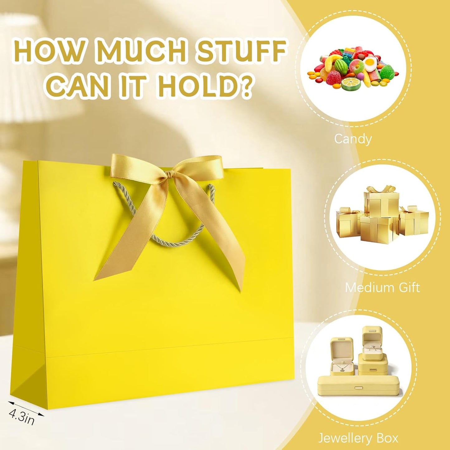 Gift Bags with Handles, 12.6" Medium Gift Bag with 2 Tissue Paper and 1 Card for Graduation Wedding Baby Shower Bridal Shower Engagement Anniversary Birthday Party Favors (Yellow)