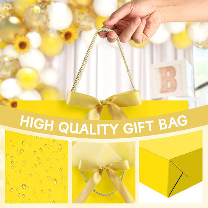 Gift Bags with Handles, 12.6" Medium Gift Bag with 2 Tissue Paper and 1 Card for Graduation Wedding Baby Shower Bridal Shower Engagement Anniversary Birthday Party Favors (Yellow)