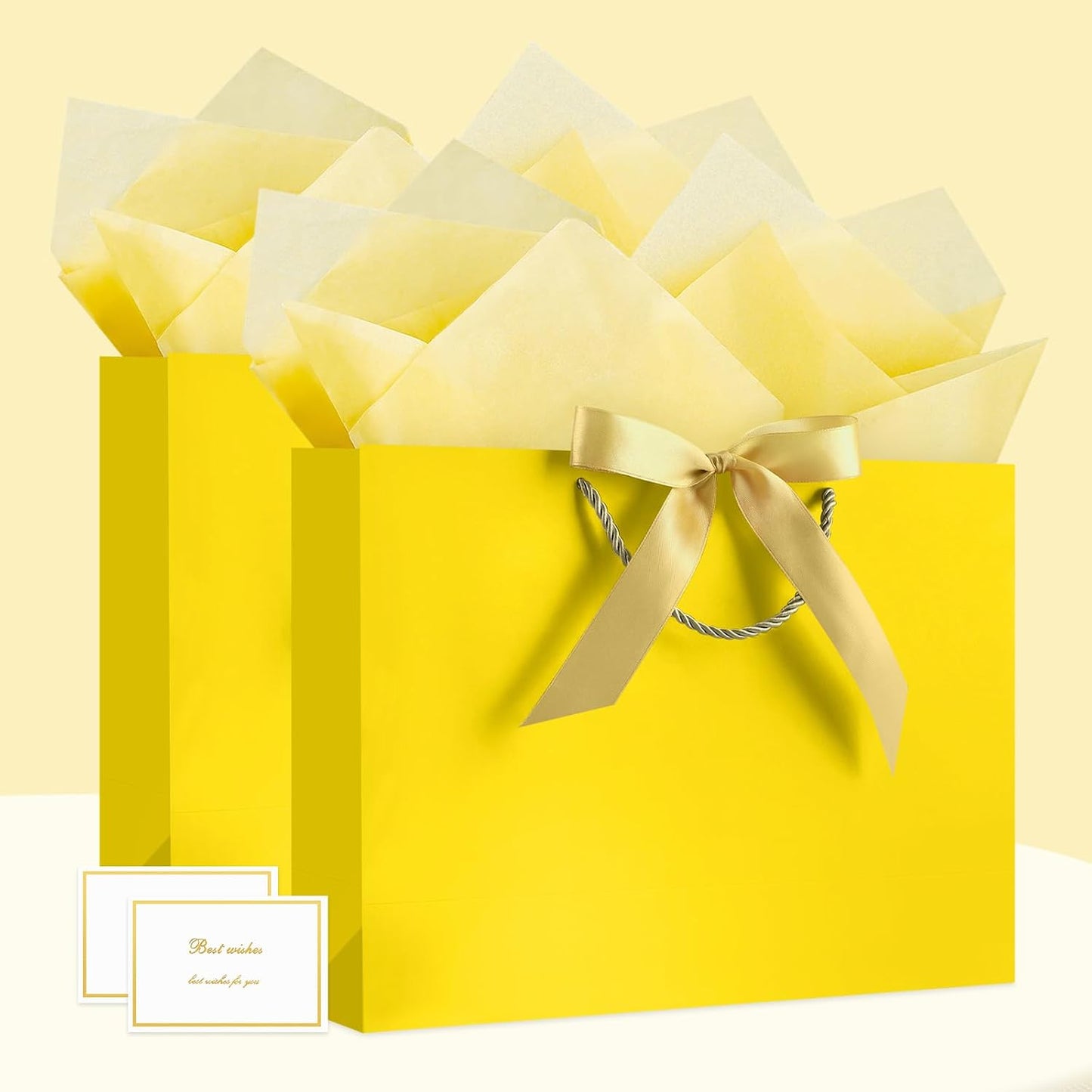 Gift Bags with Handles, 12.6" Medium Gift Bag with 2 Tissue Paper and 1 Card for Graduation Wedding Baby Shower Bridal Shower Engagement Anniversary Birthday Party Favors (Yellow)