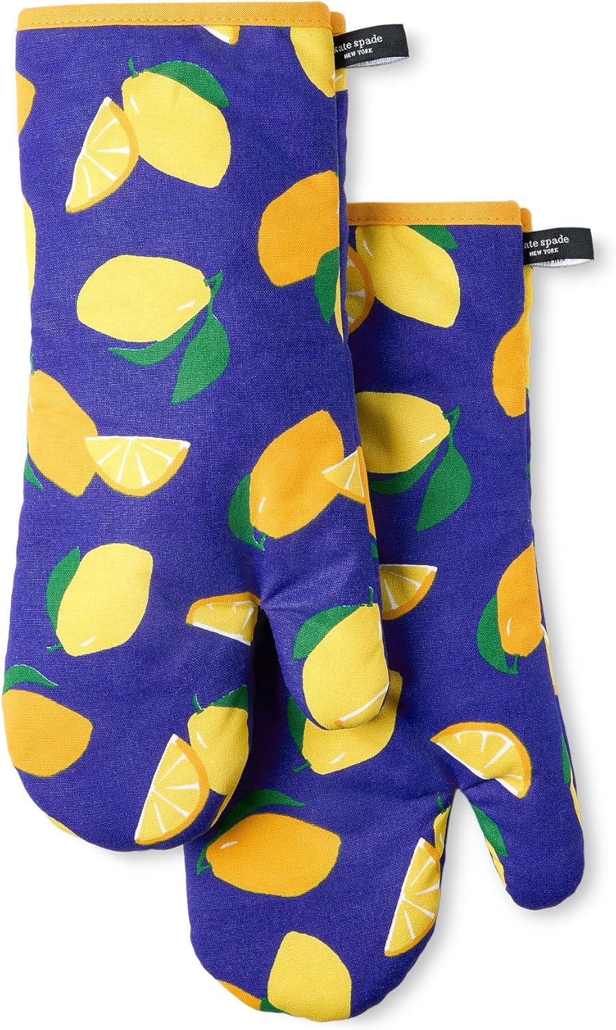 Lemon Party Oven Mitt 2-Pack Set, Heat Resistant, 100% Cotton, Navy Blue/Yellow, 7"x13"