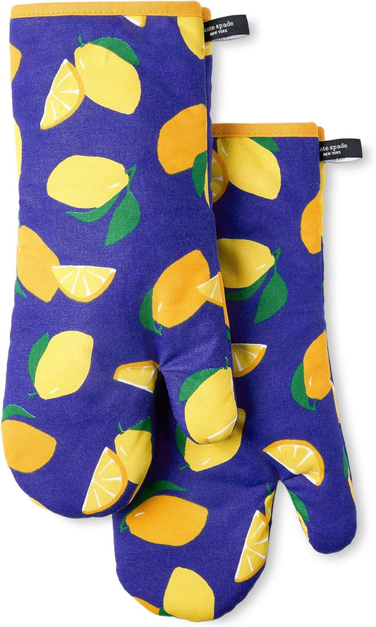 Lemon Party Oven Mitt 2-Pack Set, Heat Resistant, 100% Cotton, Navy Blue/Yellow, 7"x13"