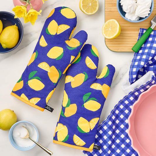 Lemon Party Oven Mitt 2-Pack Set, Heat Resistant, 100% Cotton, Navy Blue/Yellow, 7"x13"